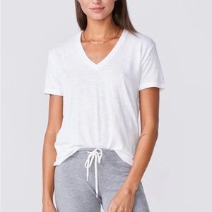 Monrow Textured Tri Blend White V-Neck Women's T Shirt